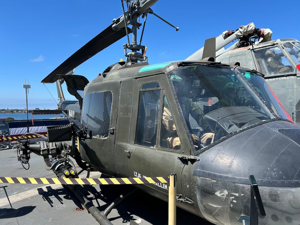 UH-1 Huey helicopter on display in a museum